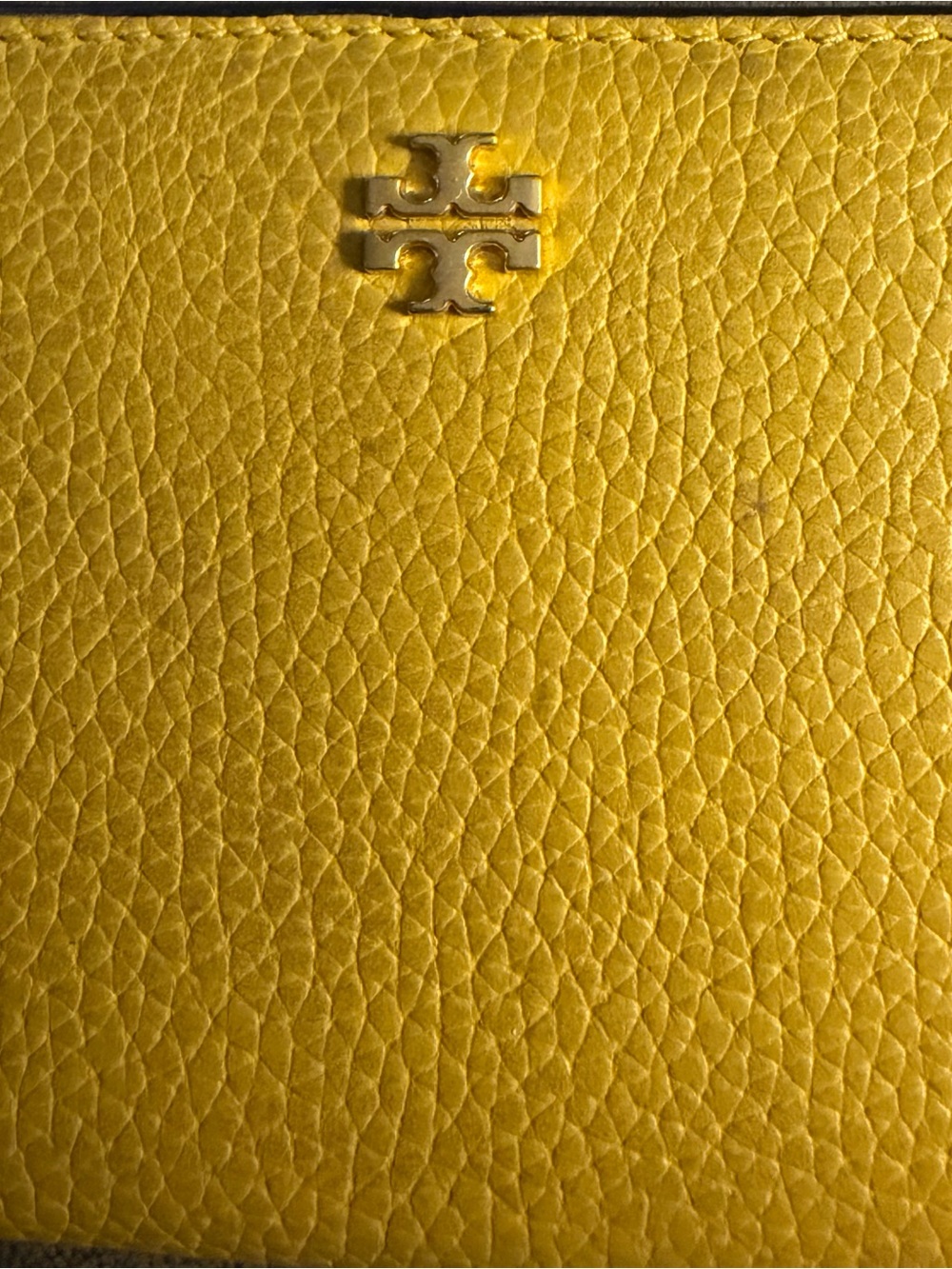 Tory Burch Pebbled Leather Wallet in Bright Yellow with Gold Logo
